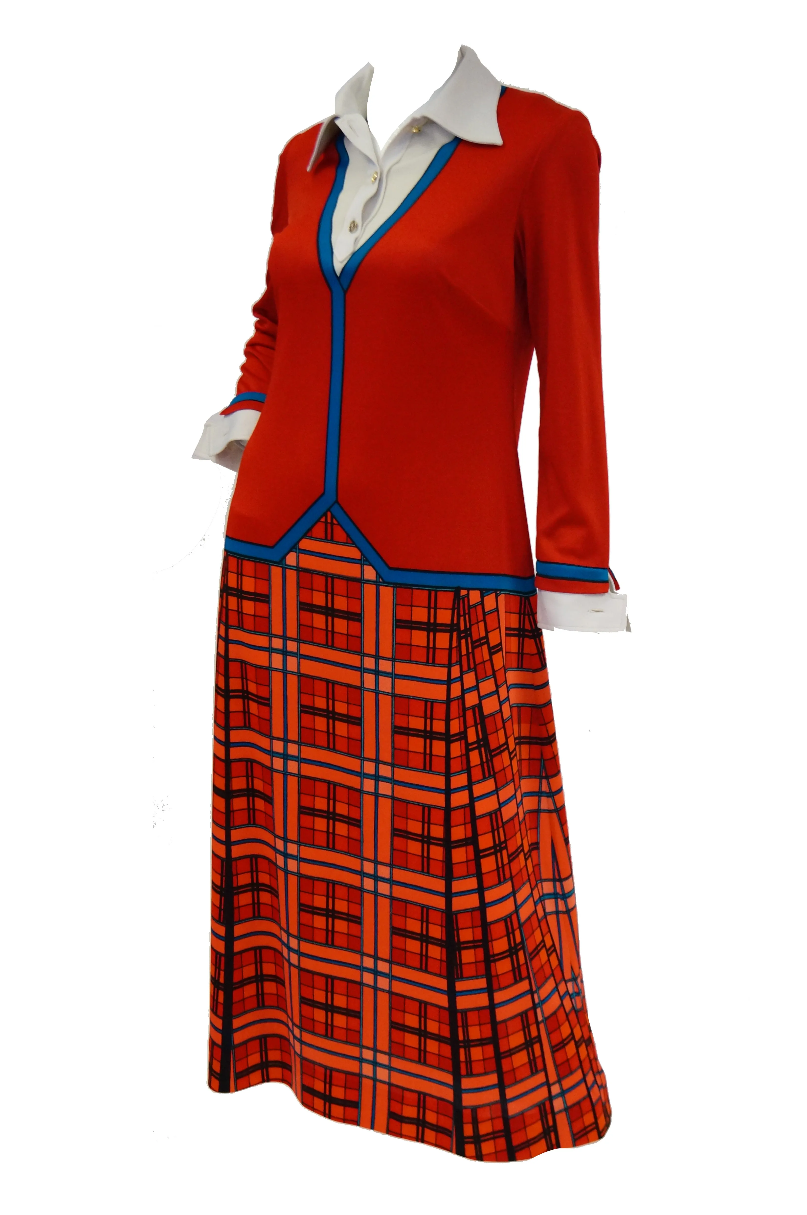 1970s Roberta di Camerino Red and Blue Trompe L'oeil  Midi Dress