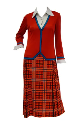 1970s Roberta di Camerino Red and Blue Trompe L'oeil  Midi Dress