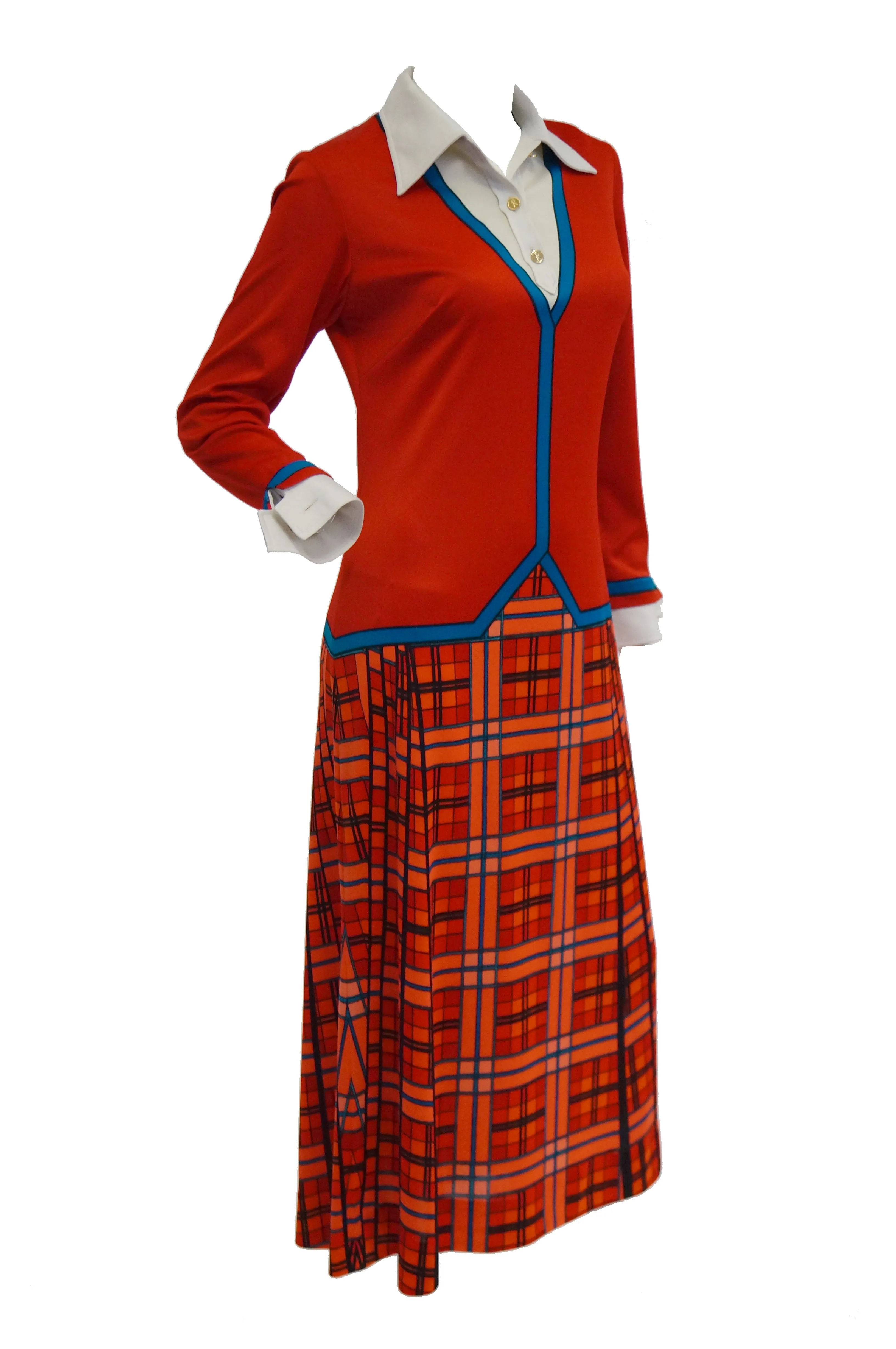 1970s Roberta di Camerino Red and Blue Trompe L'oeil  Midi Dress