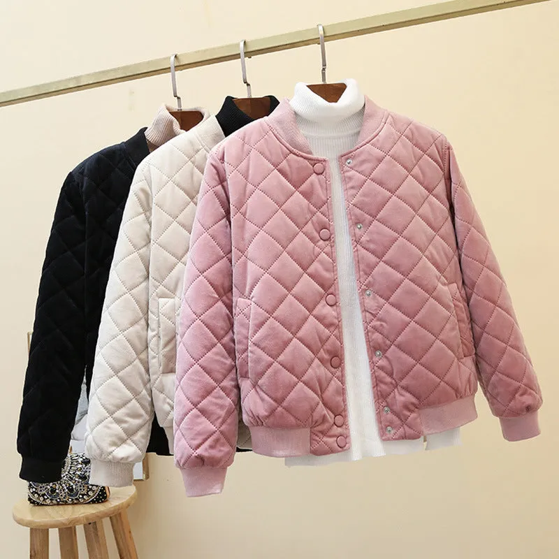 2024 winter new Korean version women's short Harajuku small cotton clothes rhombus gold velvet thickened baseball clothes cotton-padded jacket