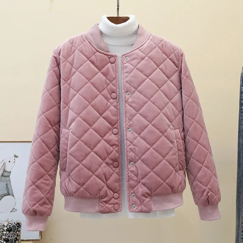 2024 winter new Korean version women's short Harajuku small cotton clothes rhombus gold velvet thickened baseball clothes cotton-padded jacket