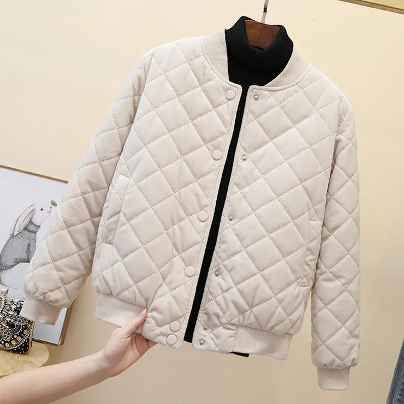 2024 winter new Korean version women's short Harajuku small cotton clothes rhombus gold velvet thickened baseball clothes cotton-padded jacket