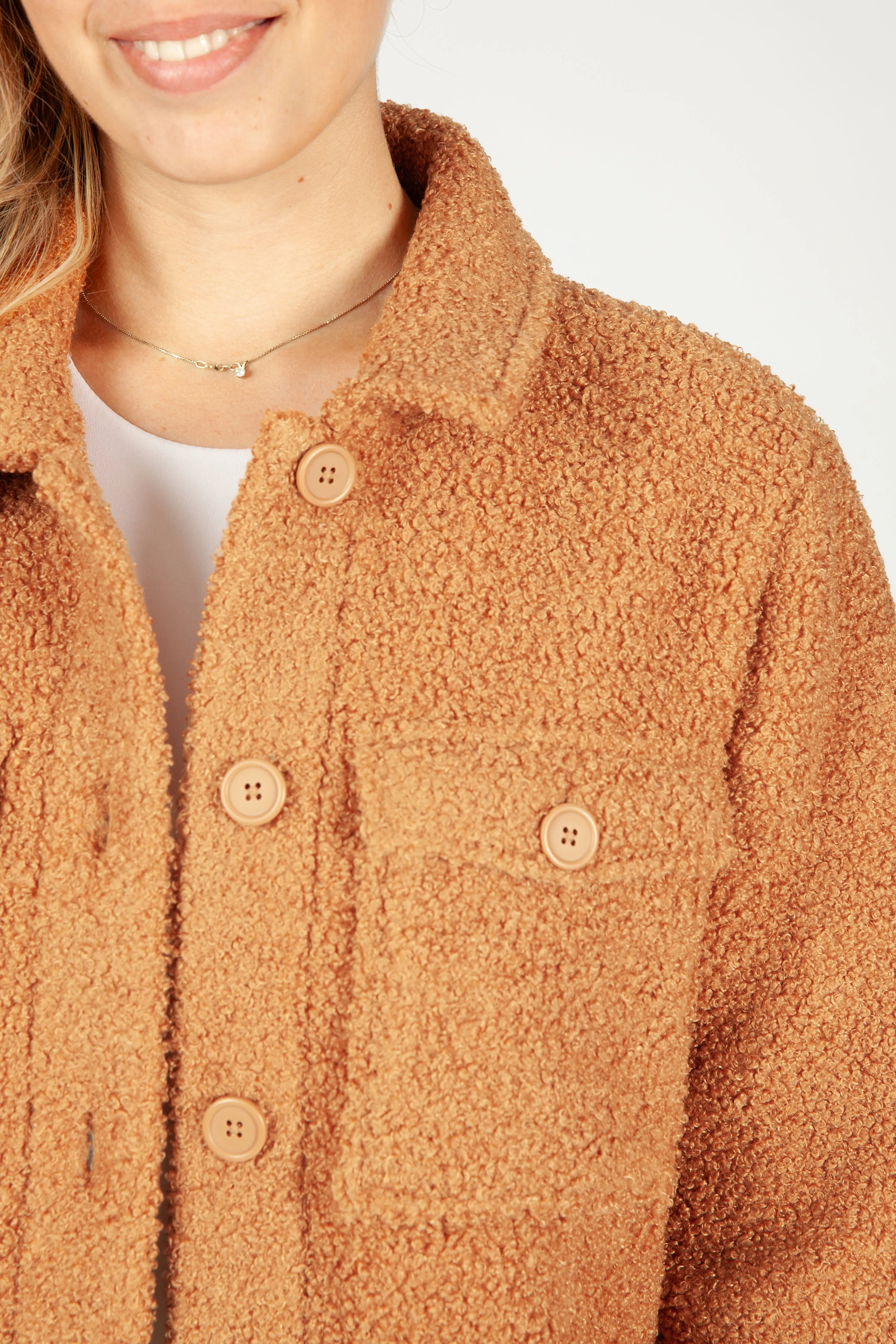 Amber Teddy sherpa shacket in biscuit