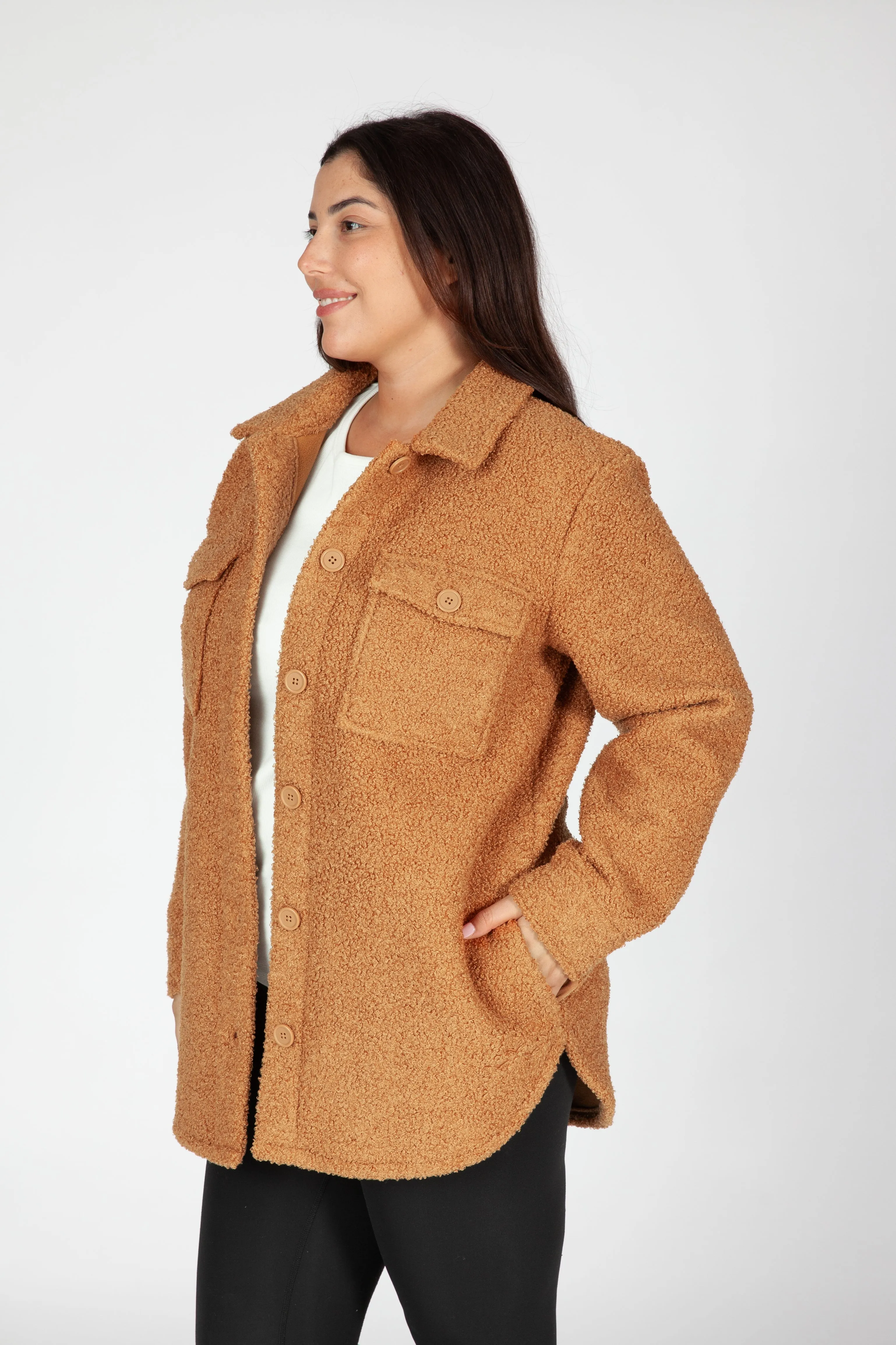 Amber Teddy sherpa shacket in biscuit