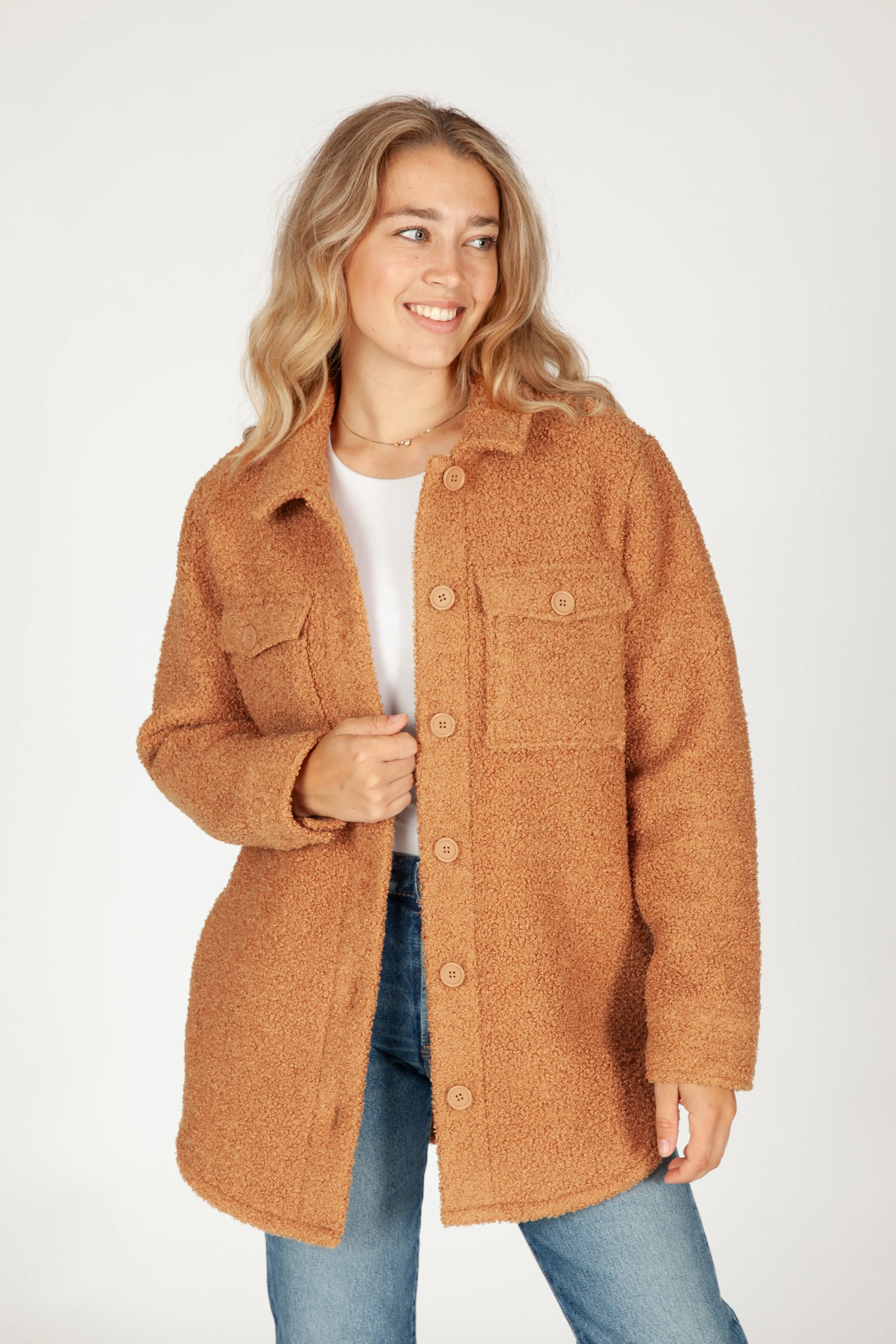 Amber Teddy sherpa shacket in biscuit