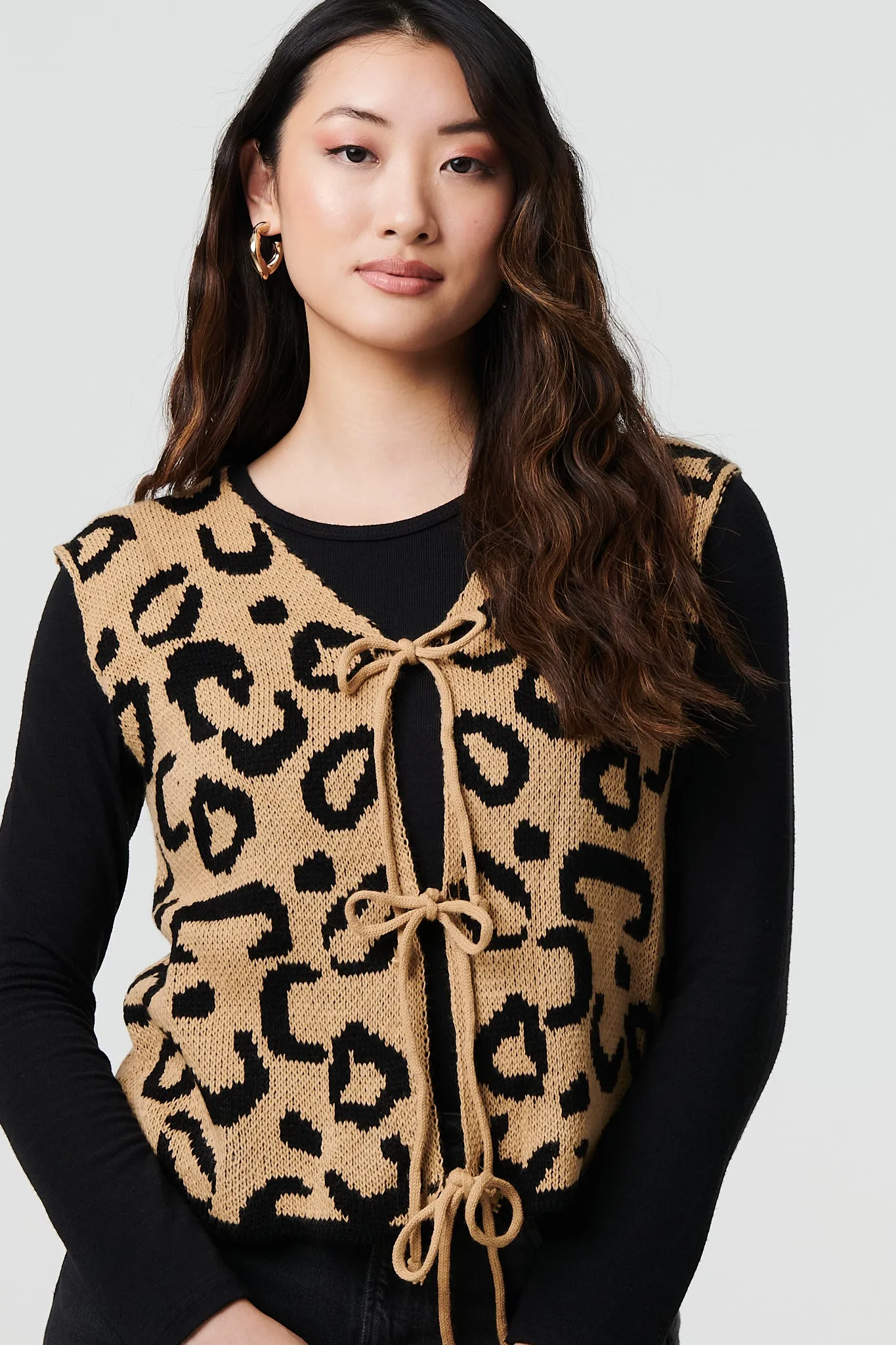 Animal Print Tie Front Sleeveless Vest