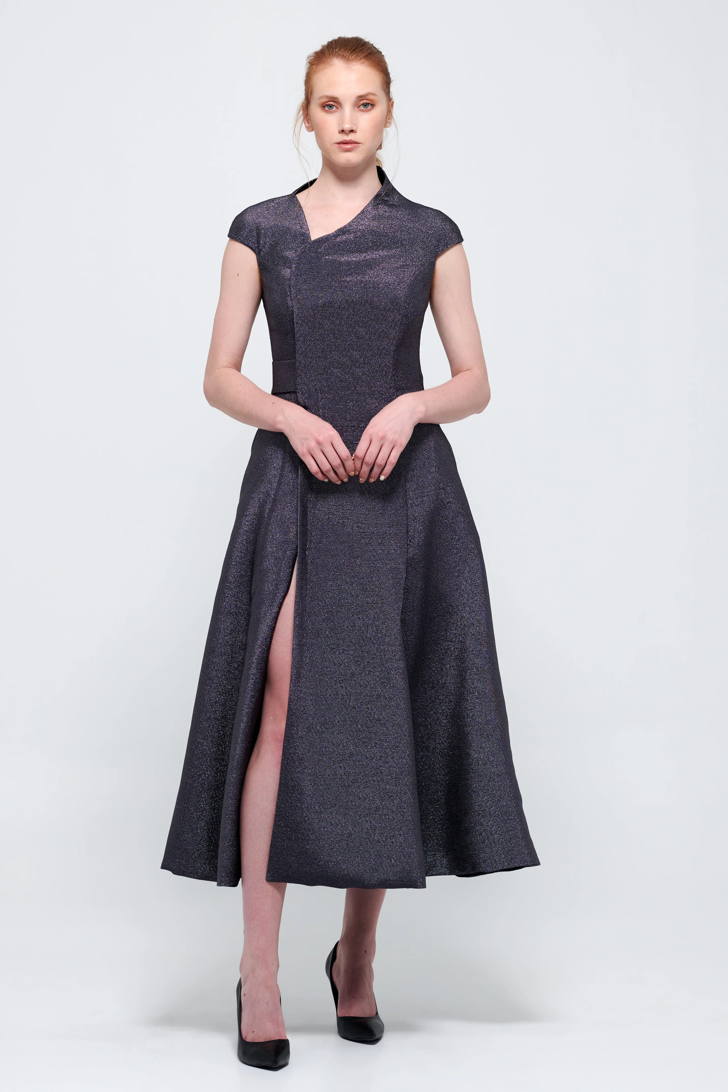 Asymmetric V-Neckline Midi Gown