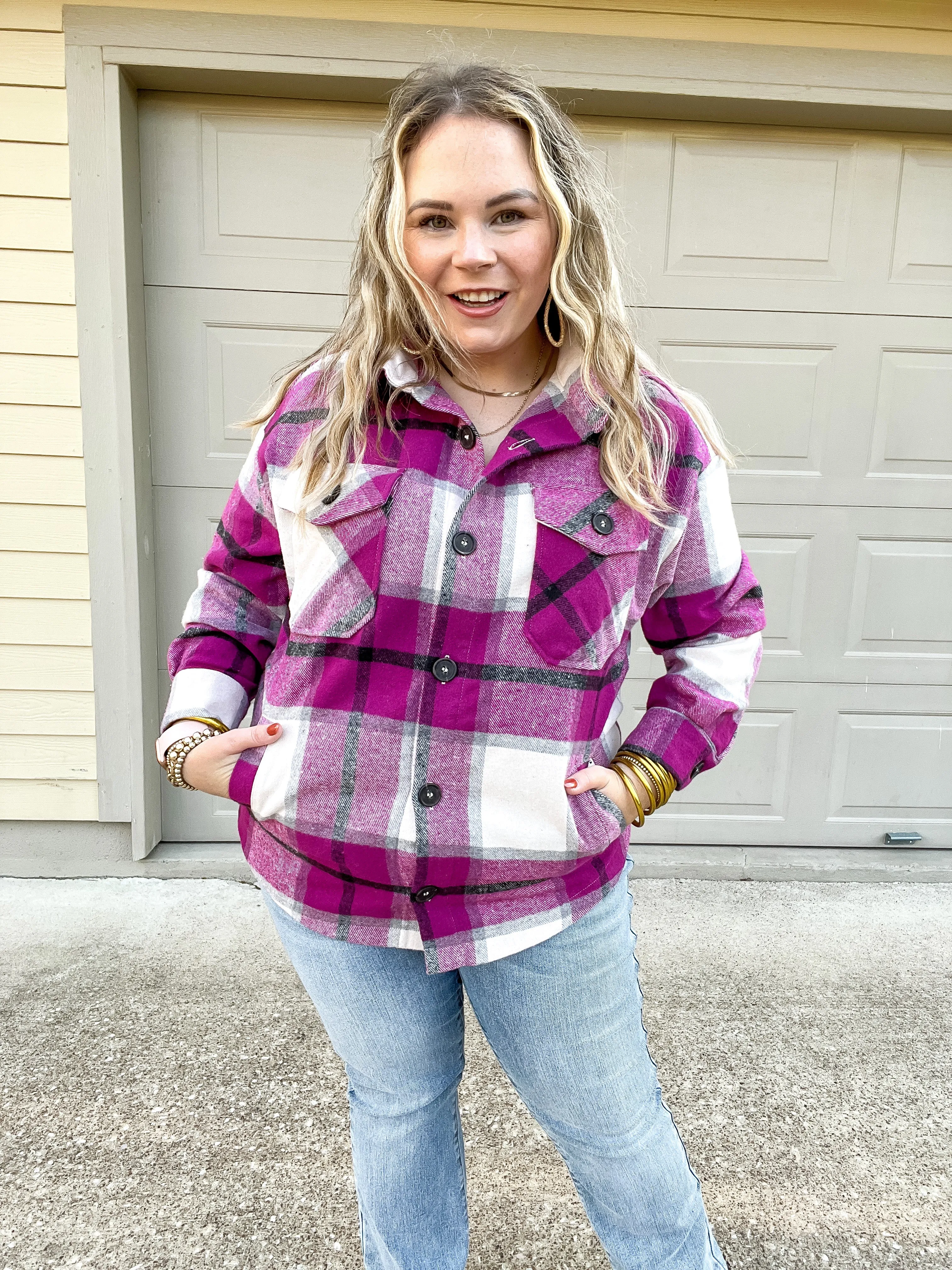 Autumn Air Plaid Button Up Shacket in Magenta