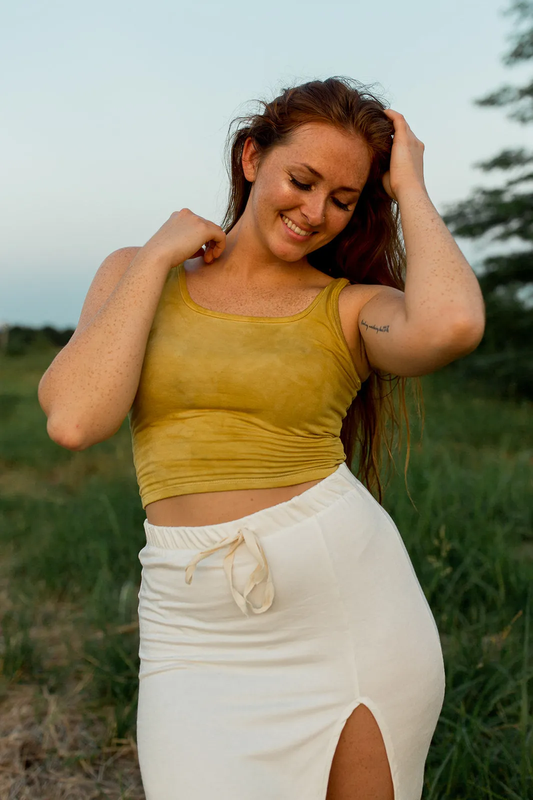 Bamboo Midi Skirt with Slit in Ivory