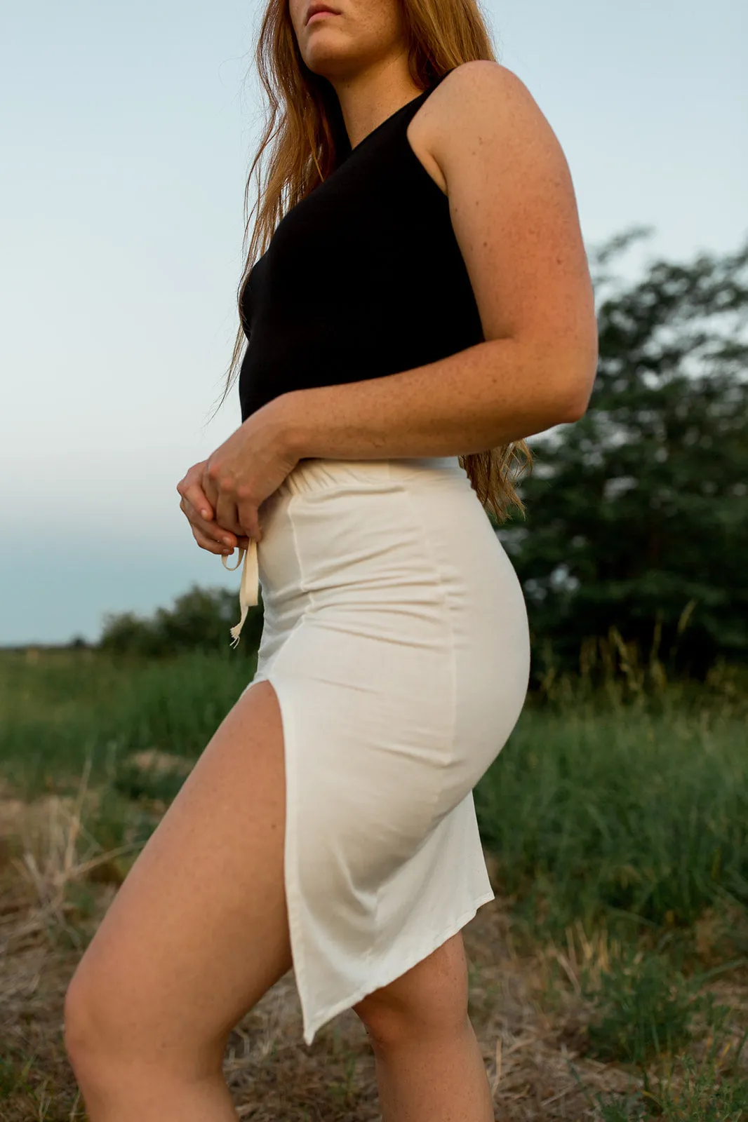 Bamboo Midi Skirt with Slit in Ivory