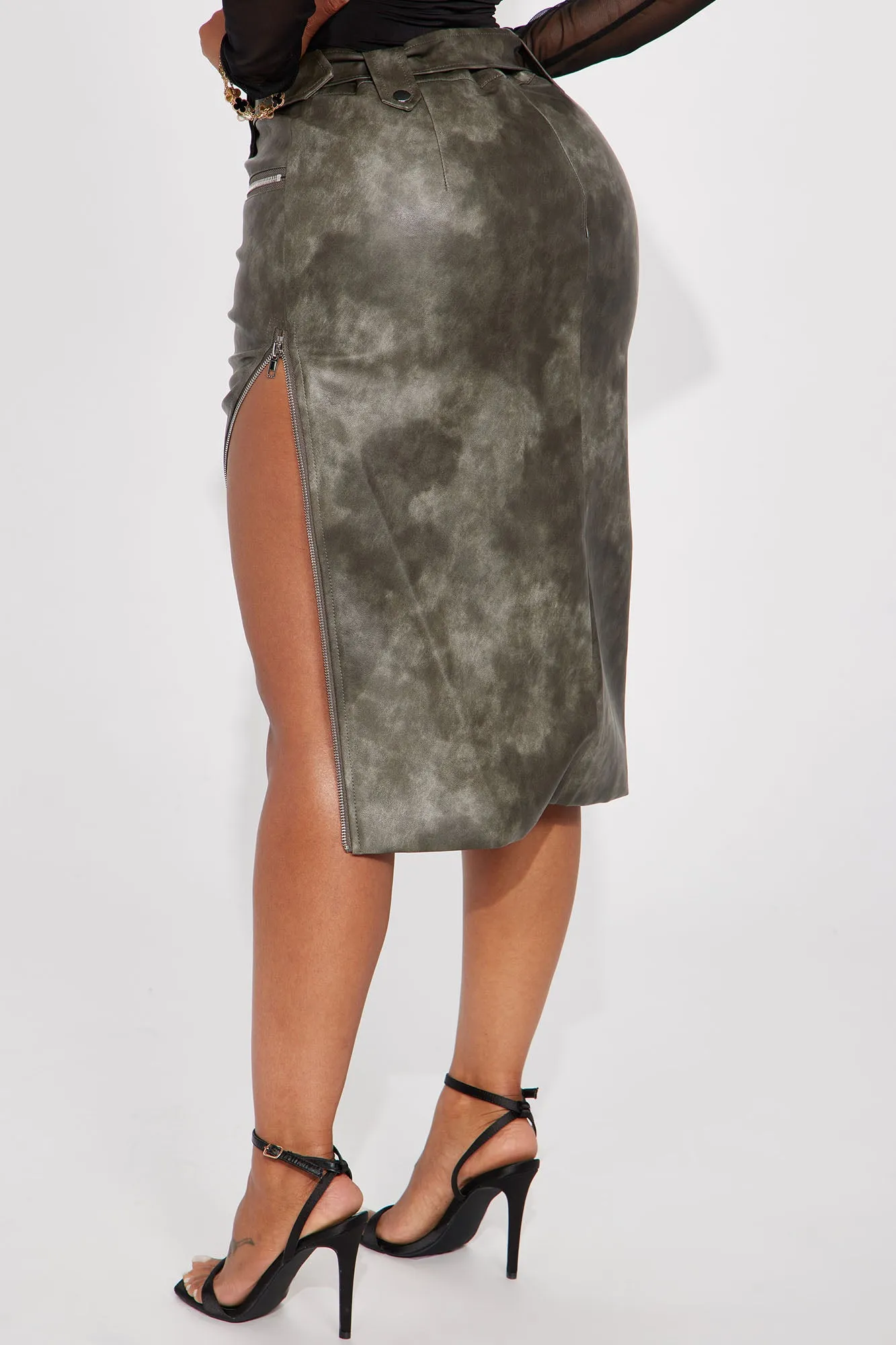 Becky Washed Faux Leather Midi Skirt - Charcoal