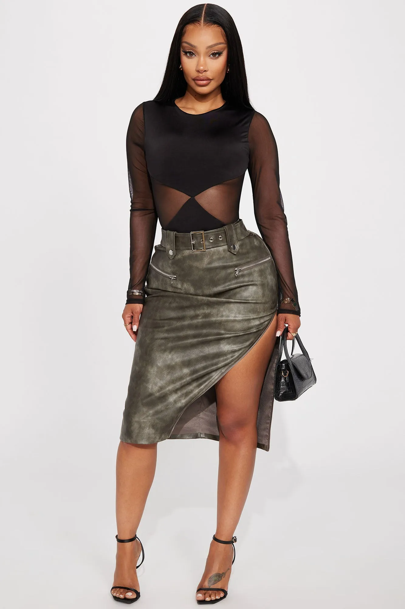 Becky Washed Faux Leather Midi Skirt - Charcoal