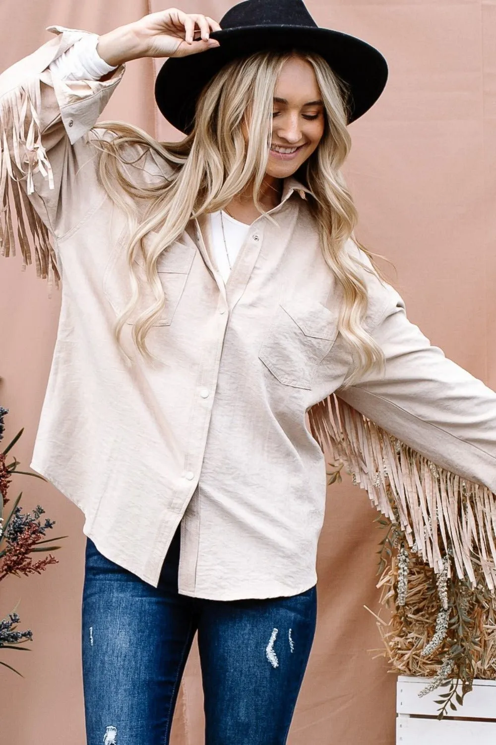 Beige Fringe Detail Button Down Shacket