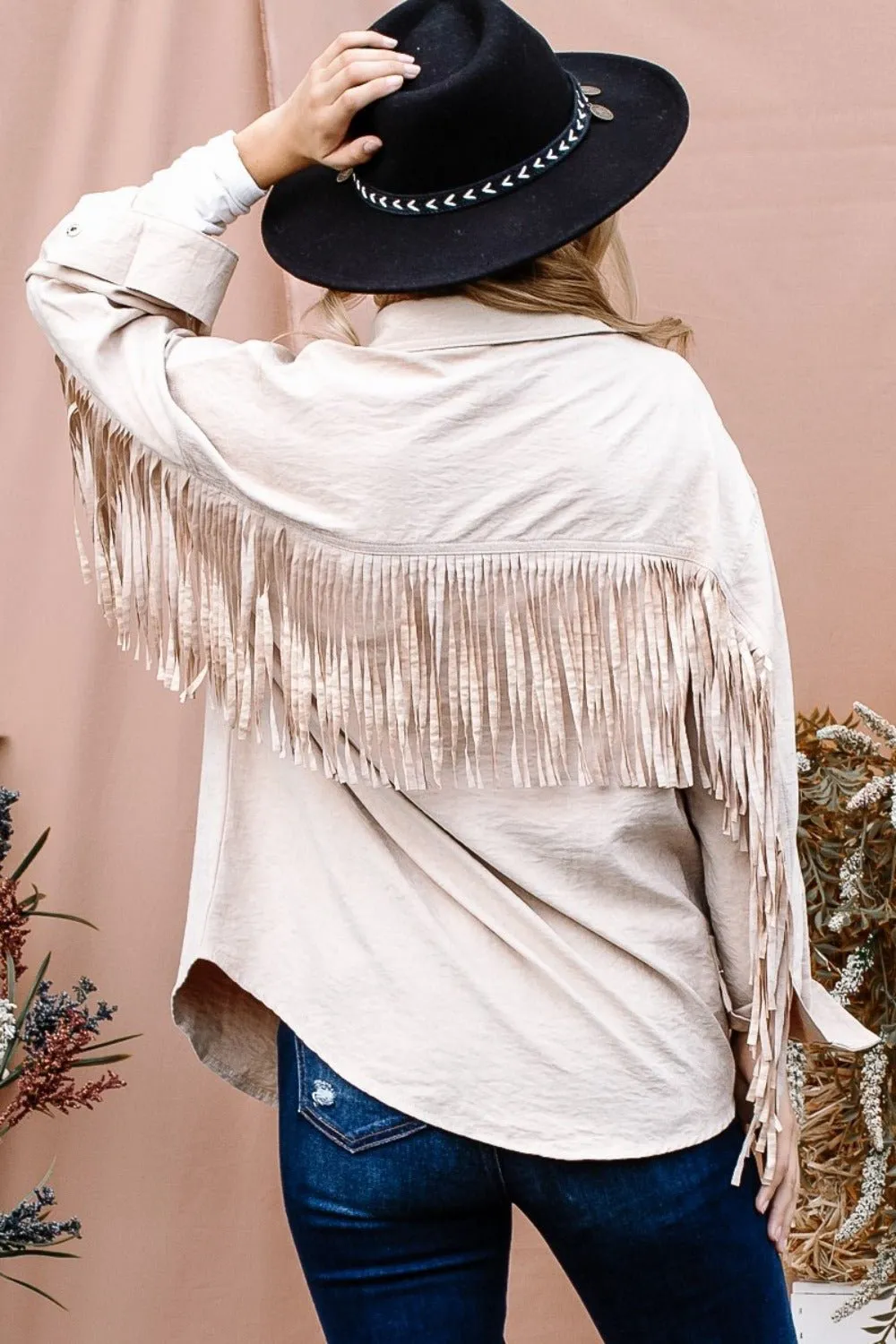 Beige Fringe Detail Button Down Shacket