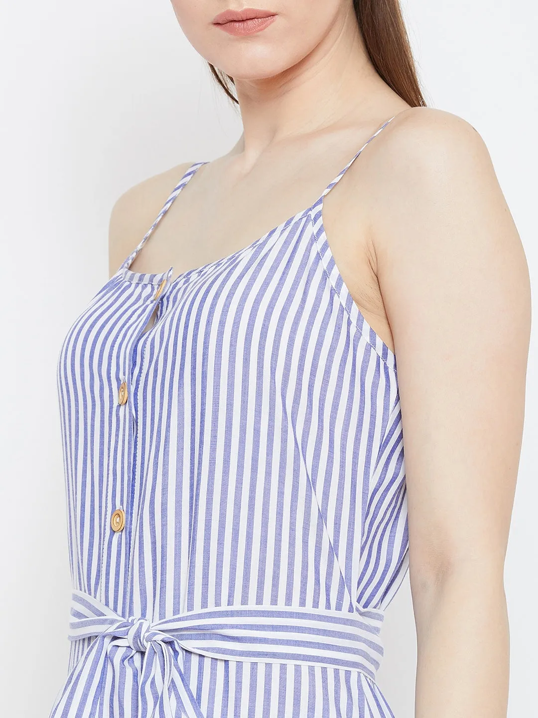 Berrylush Women Blue & White Striped Patterned Round Neck A-Line Waist Tie-Up Midi Dress