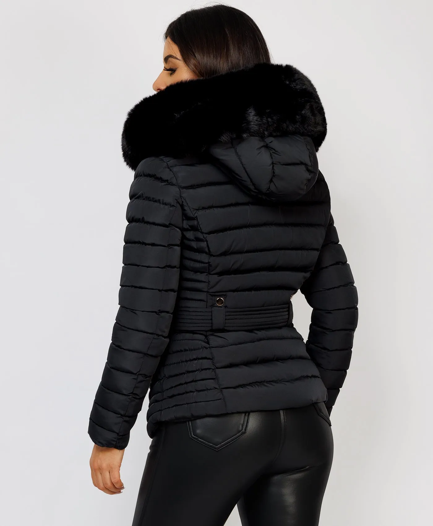 Black Luxe Quilted Faux Fur Trim Hooded Belted Puffer Coat