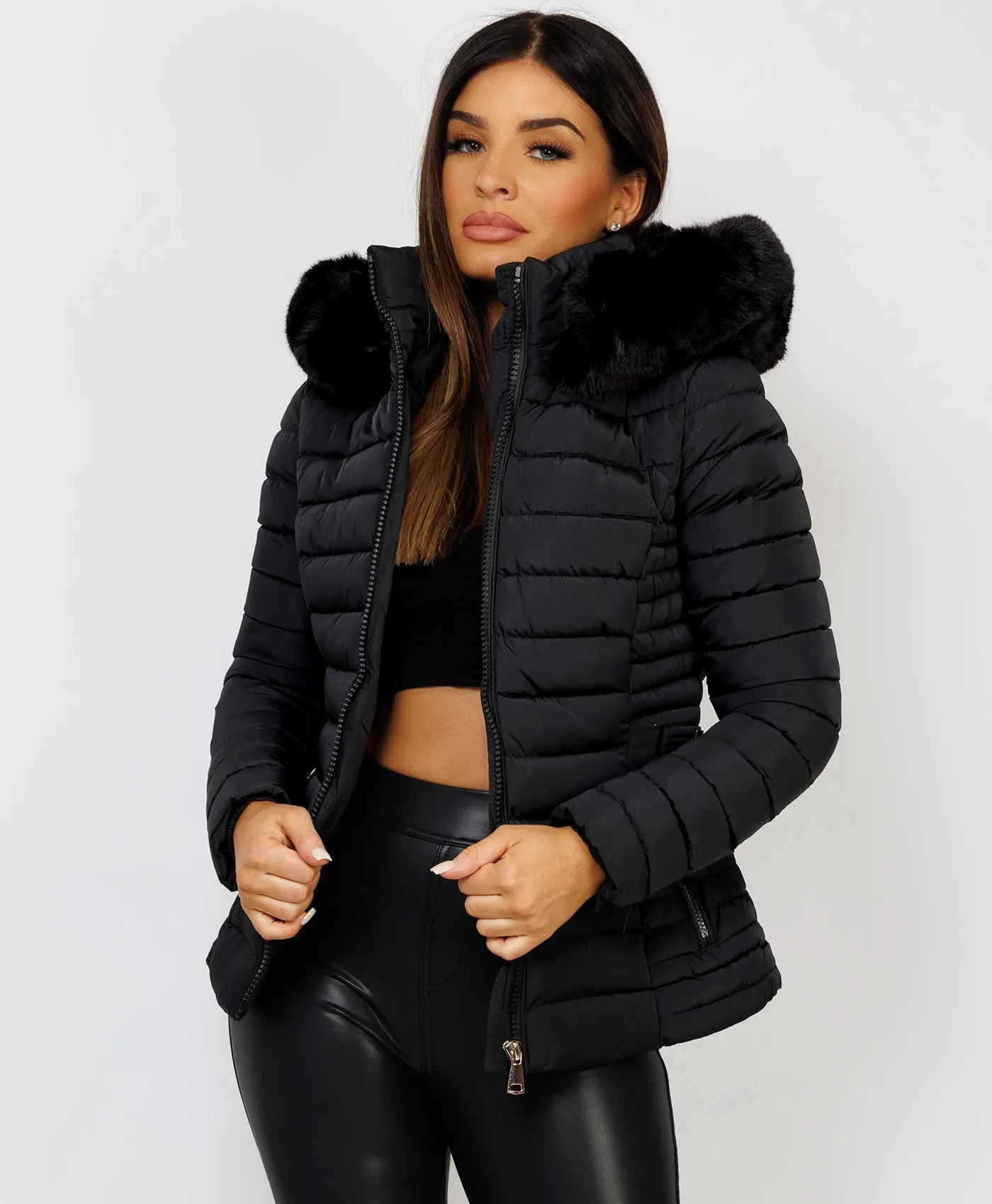 Black Luxe Quilted Faux Fur Trim Hooded Belted Puffer Coat