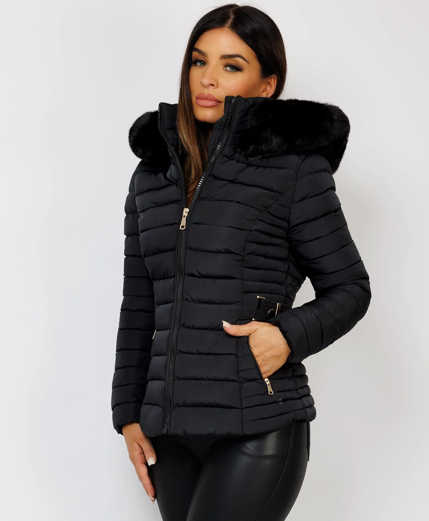 Black Luxe Quilted Faux Fur Trim Hooded Belted Puffer Coat