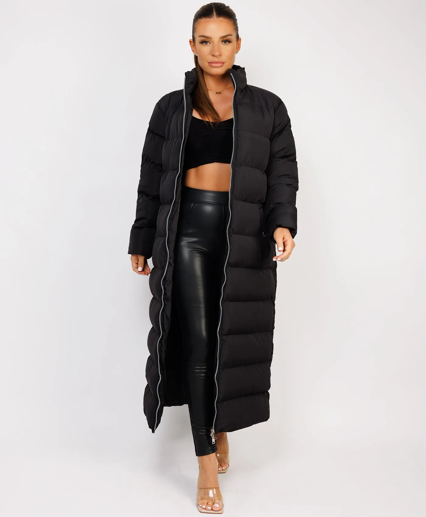 Black Maxi Quilted Zipped Long Line Stand Collar Puffer Coat