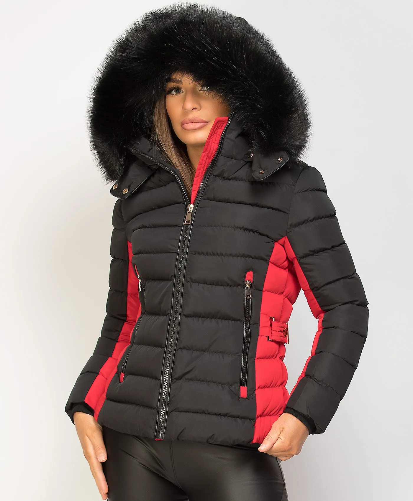 Black Red Contrast Panel Padded Quilted Fur Hood Puffer Jacket