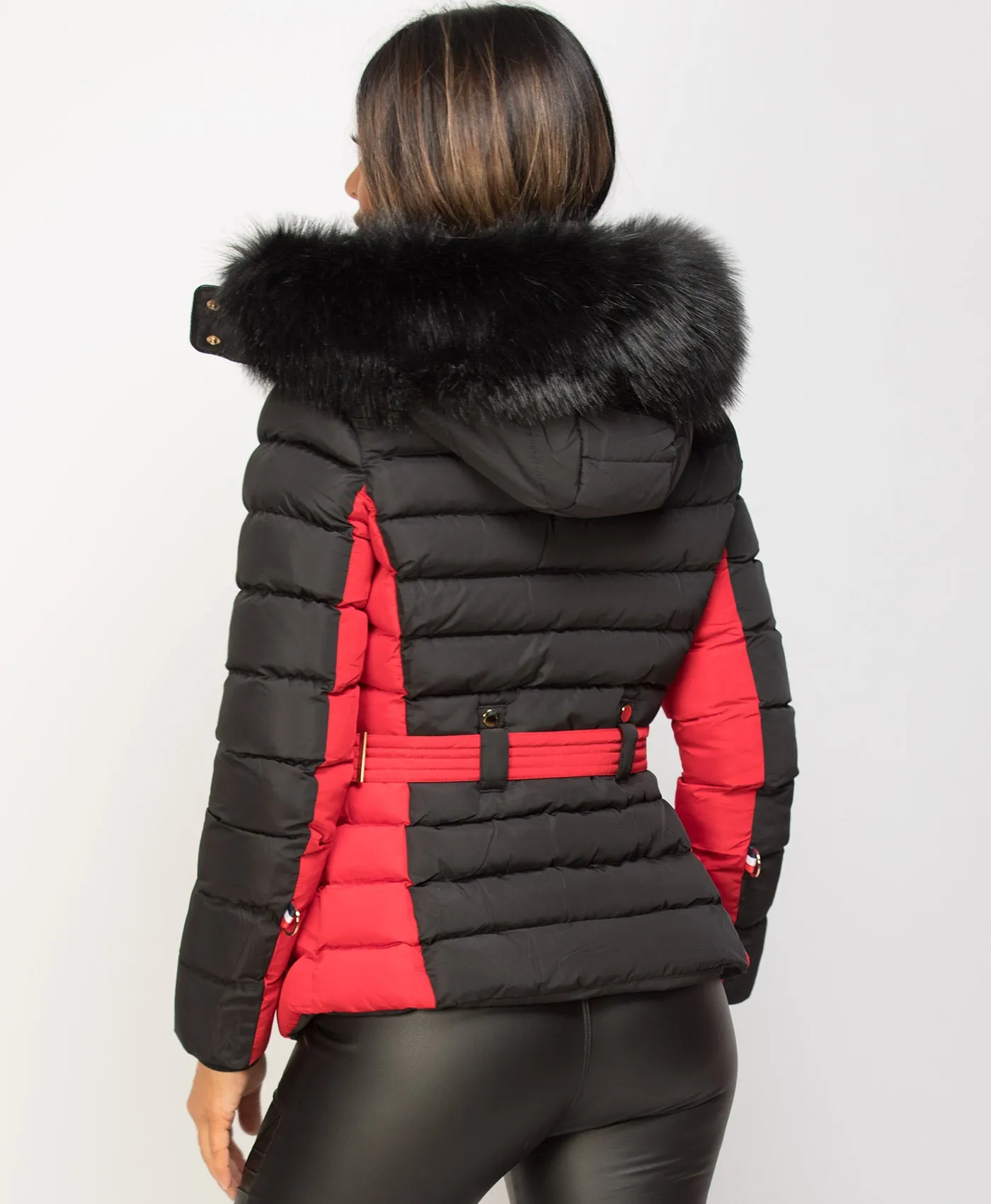 Black Red Contrast Panel Padded Quilted Fur Hood Puffer Jacket