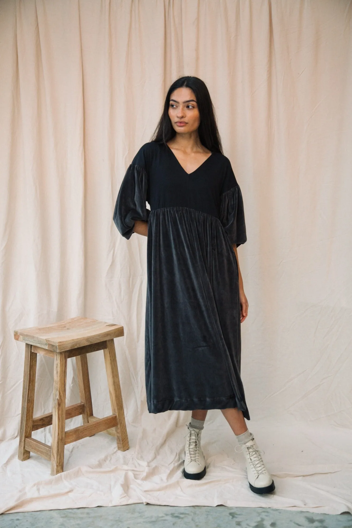 Bliss Organic Cotton Velour and Jersey Dress in Charcoal