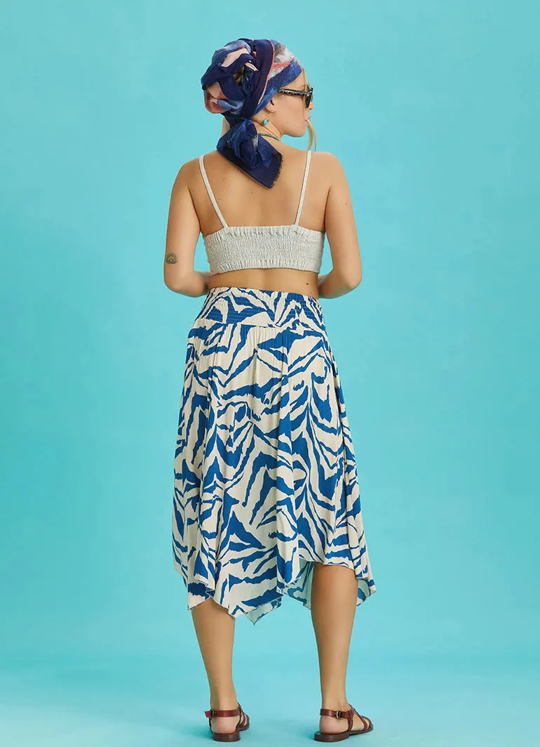 Blue Patterned Tie Waist Casual Midi Flared Skirt