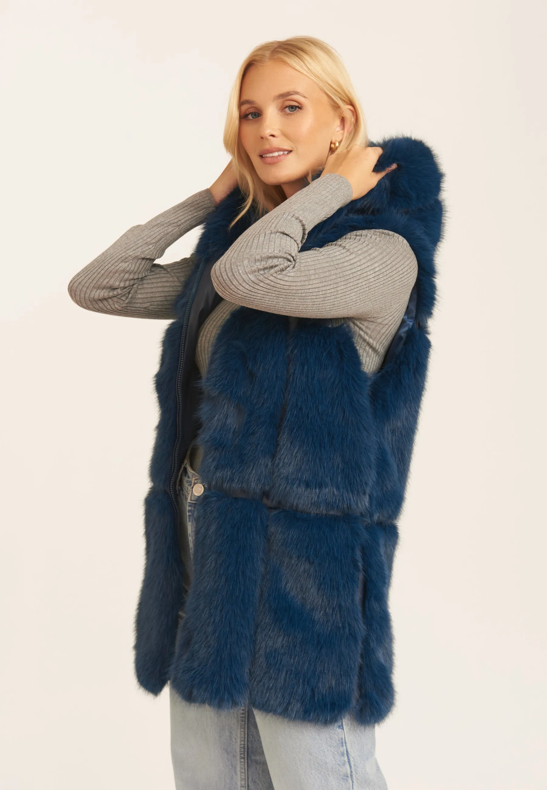 Blue Soft Touch Fur Longline Gilet