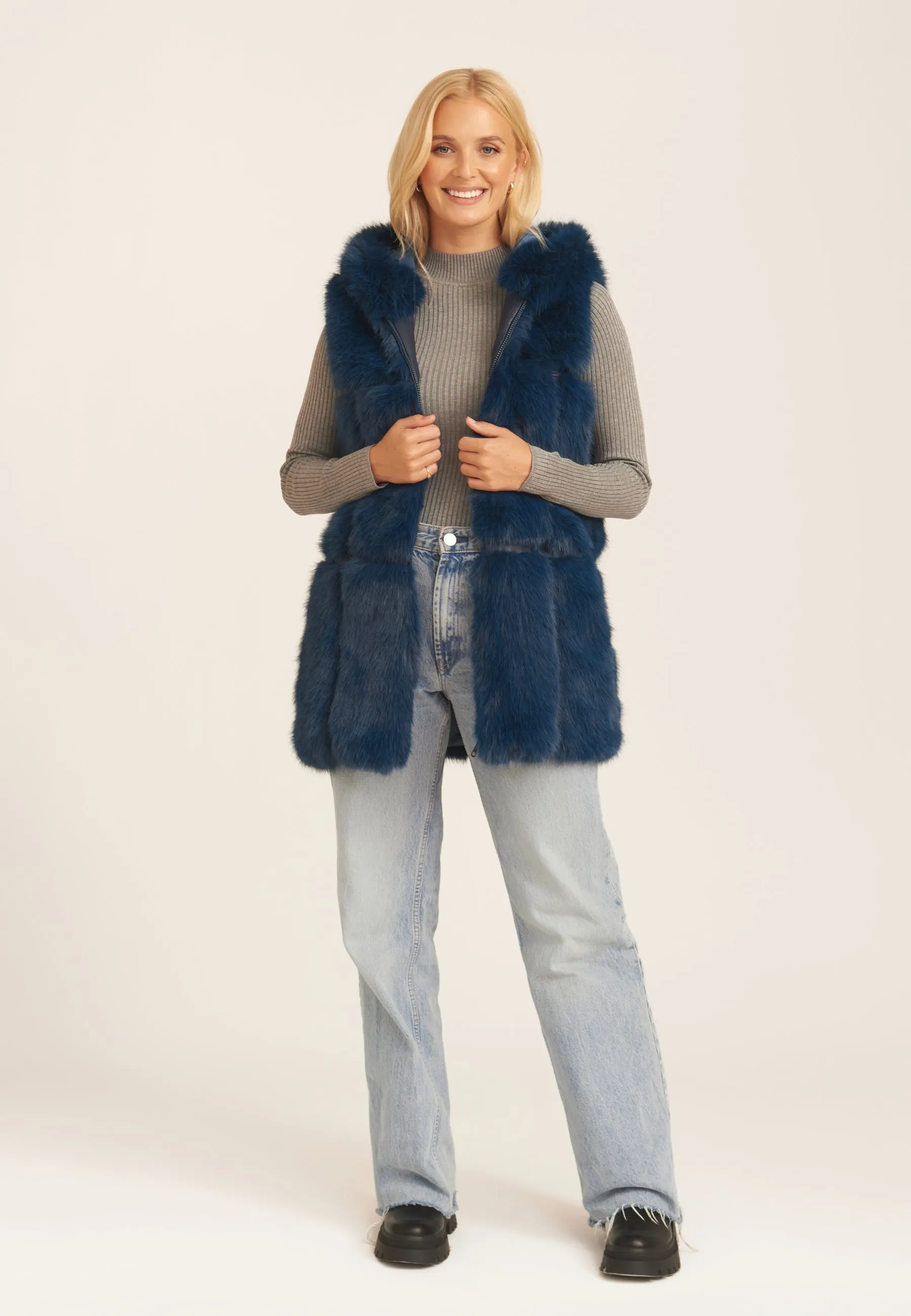 Blue Soft Touch Fur Longline Gilet