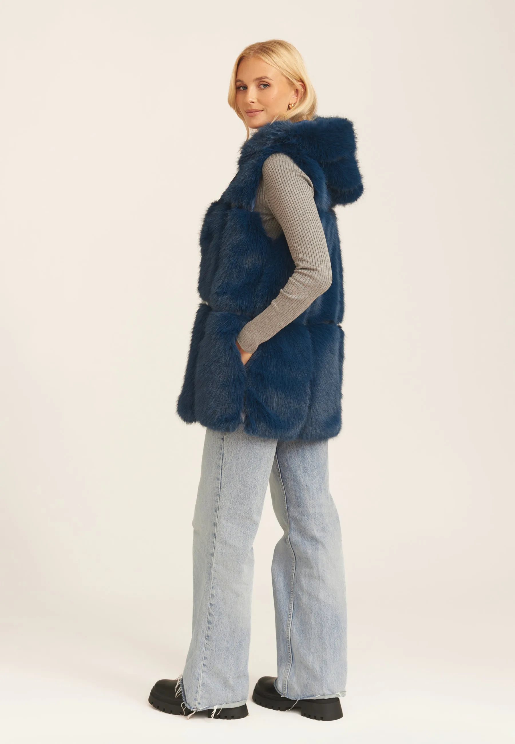 Blue Soft Touch Fur Longline Gilet