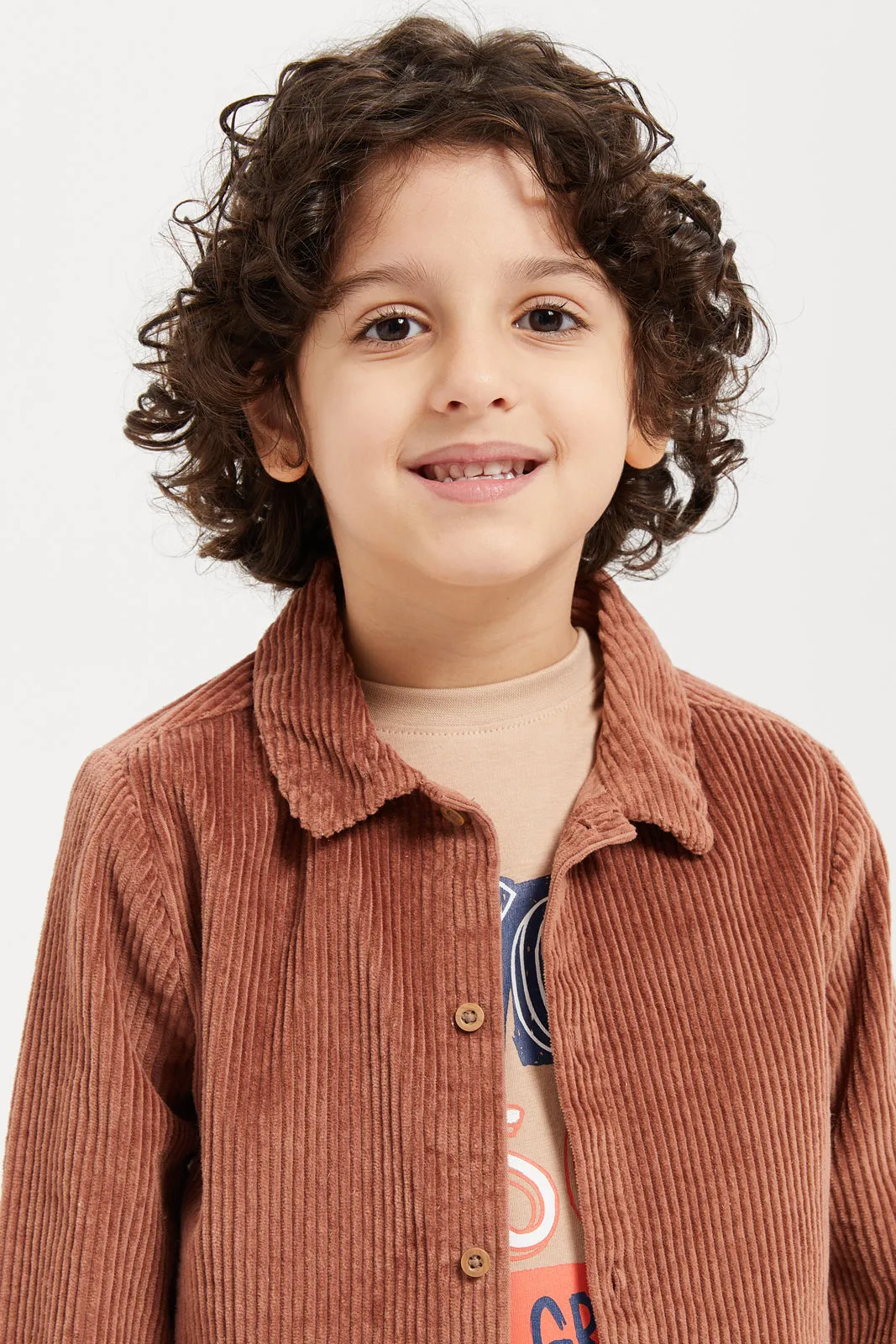 Boys Brown And White Cord Double Pocket Shacket With T-Shirt