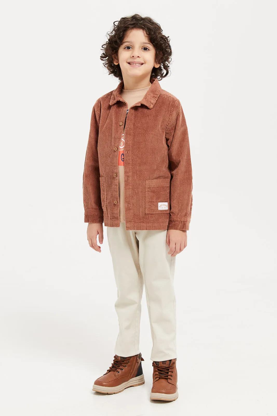 Boys Brown And White Cord Double Pocket Shacket With T-Shirt