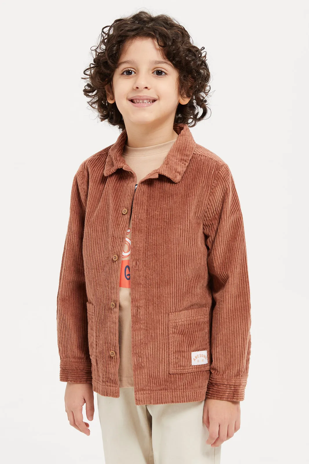 Boys Brown And White Cord Double Pocket Shacket With T-Shirt