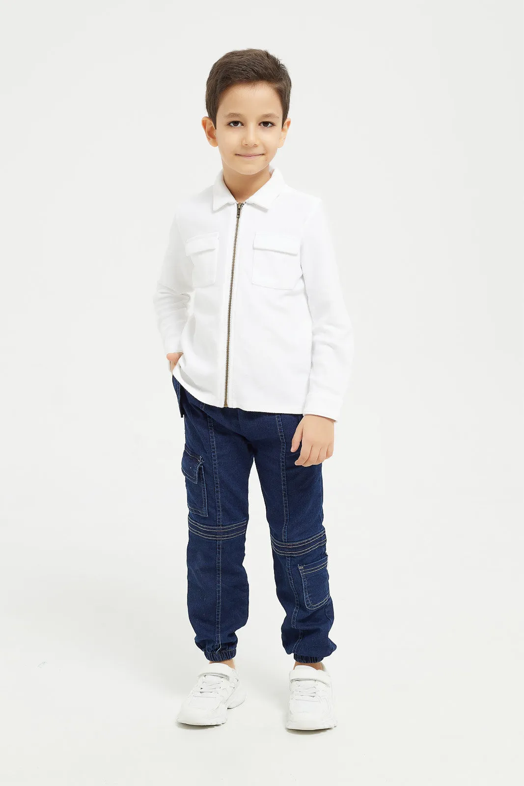 Boys White Jacquard Zip Thru Shacket