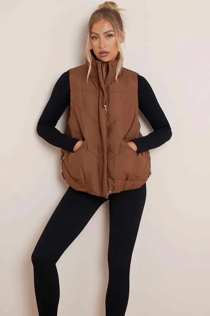 Brown Chic Stand Collar Zip-Up Gilet