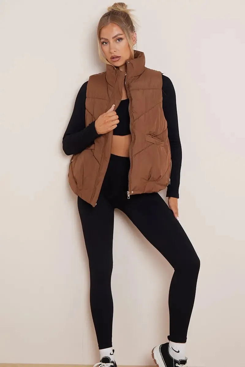 Brown Chic Stand Collar Zip-Up Gilet