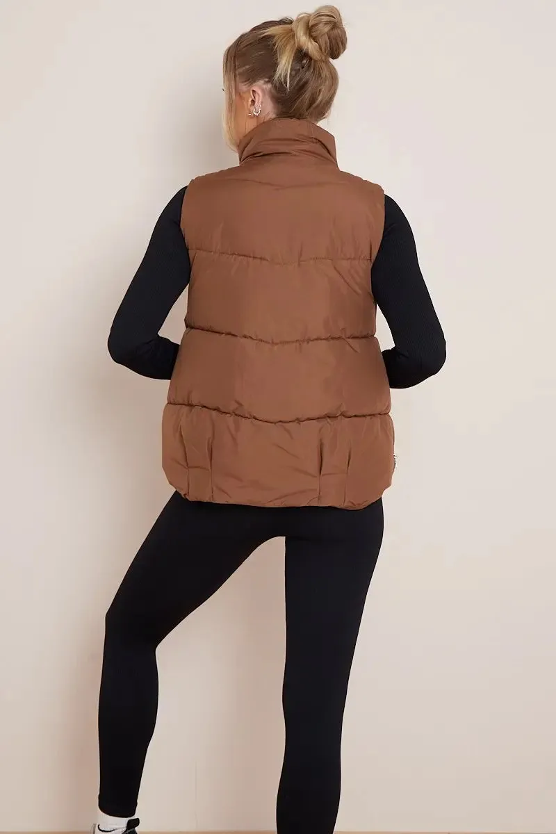 Brown Chic Stand Collar Zip-Up Gilet