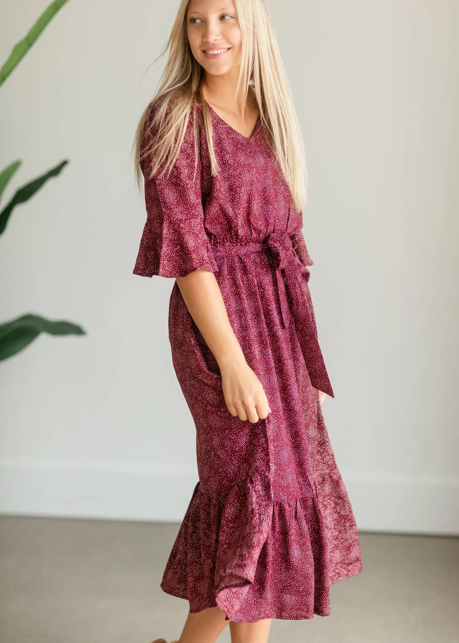 Burgundy Patterned Flouncy Midi Dress - FINAL SALE