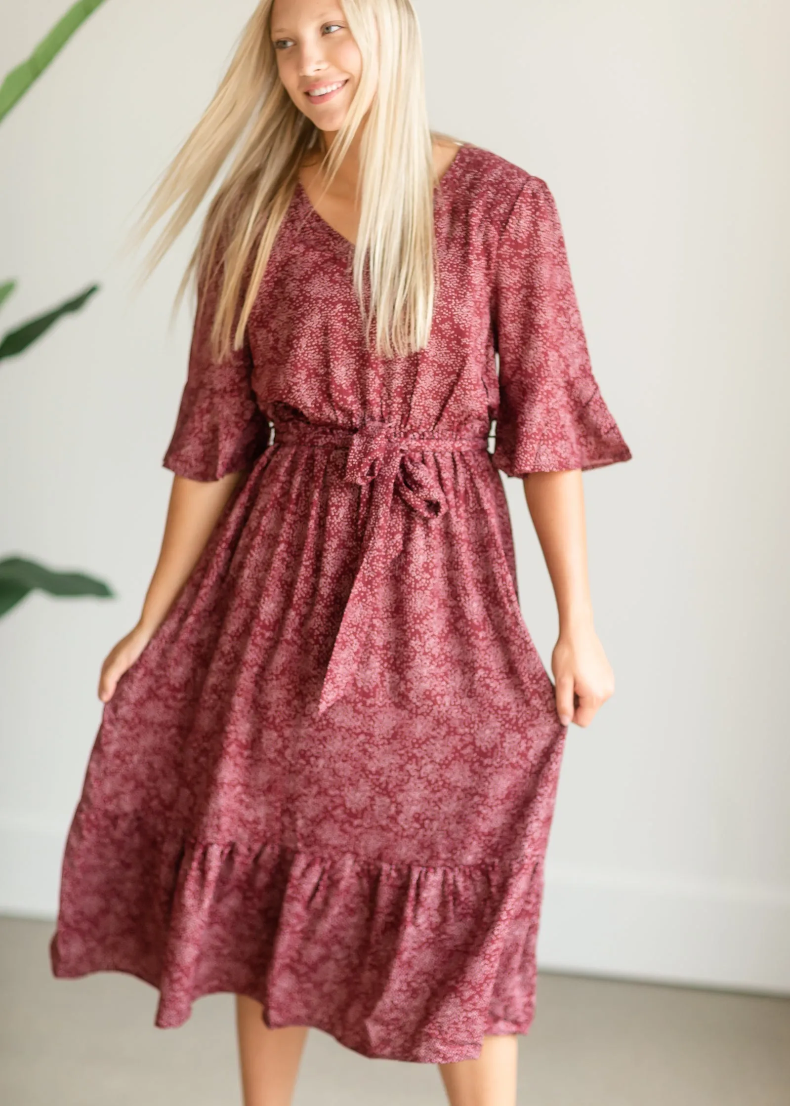 Burgundy Patterned Flouncy Midi Dress - FINAL SALE