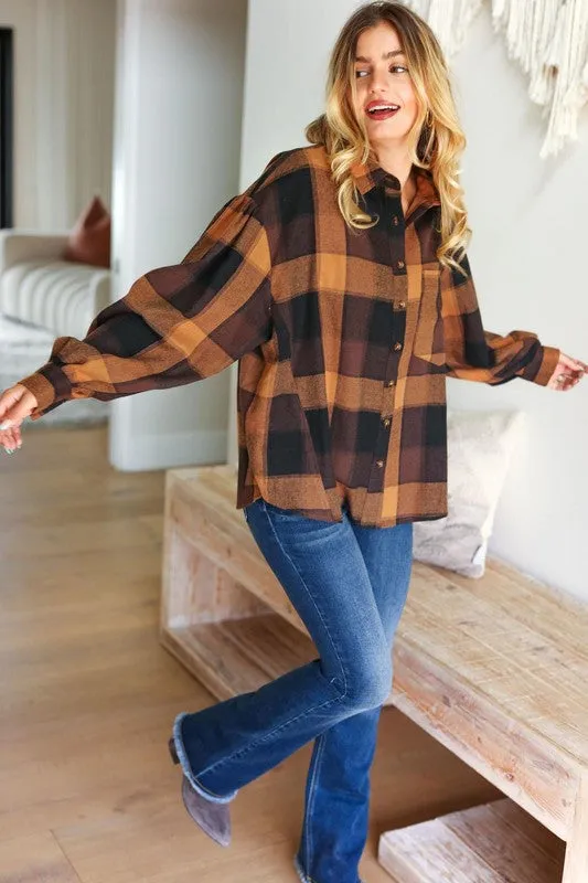 Camel & Charcoal Plaid Button Down Oversized Shacket