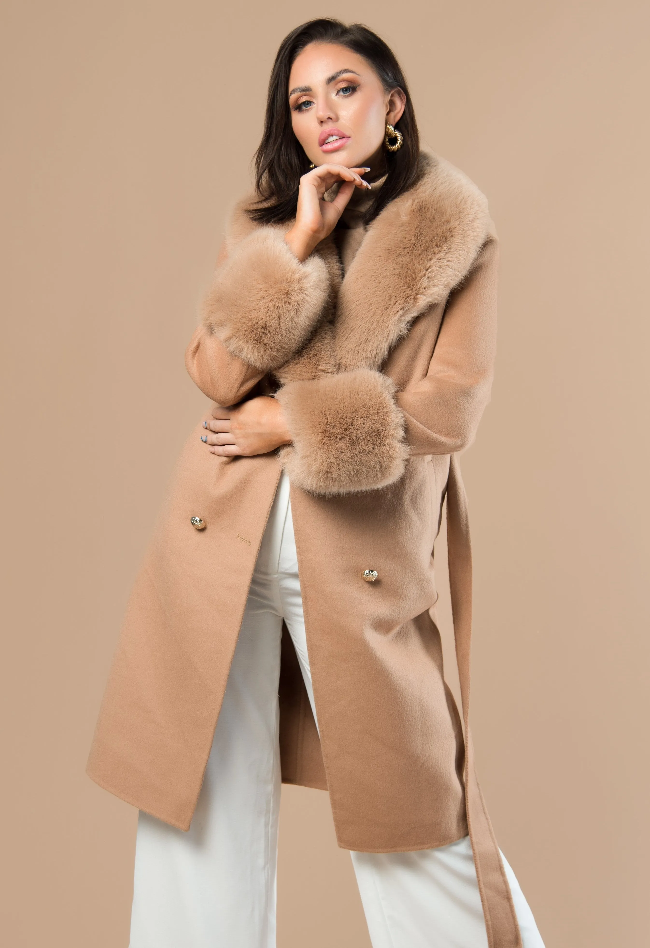 Camel Cashmere Faux Fur Coat