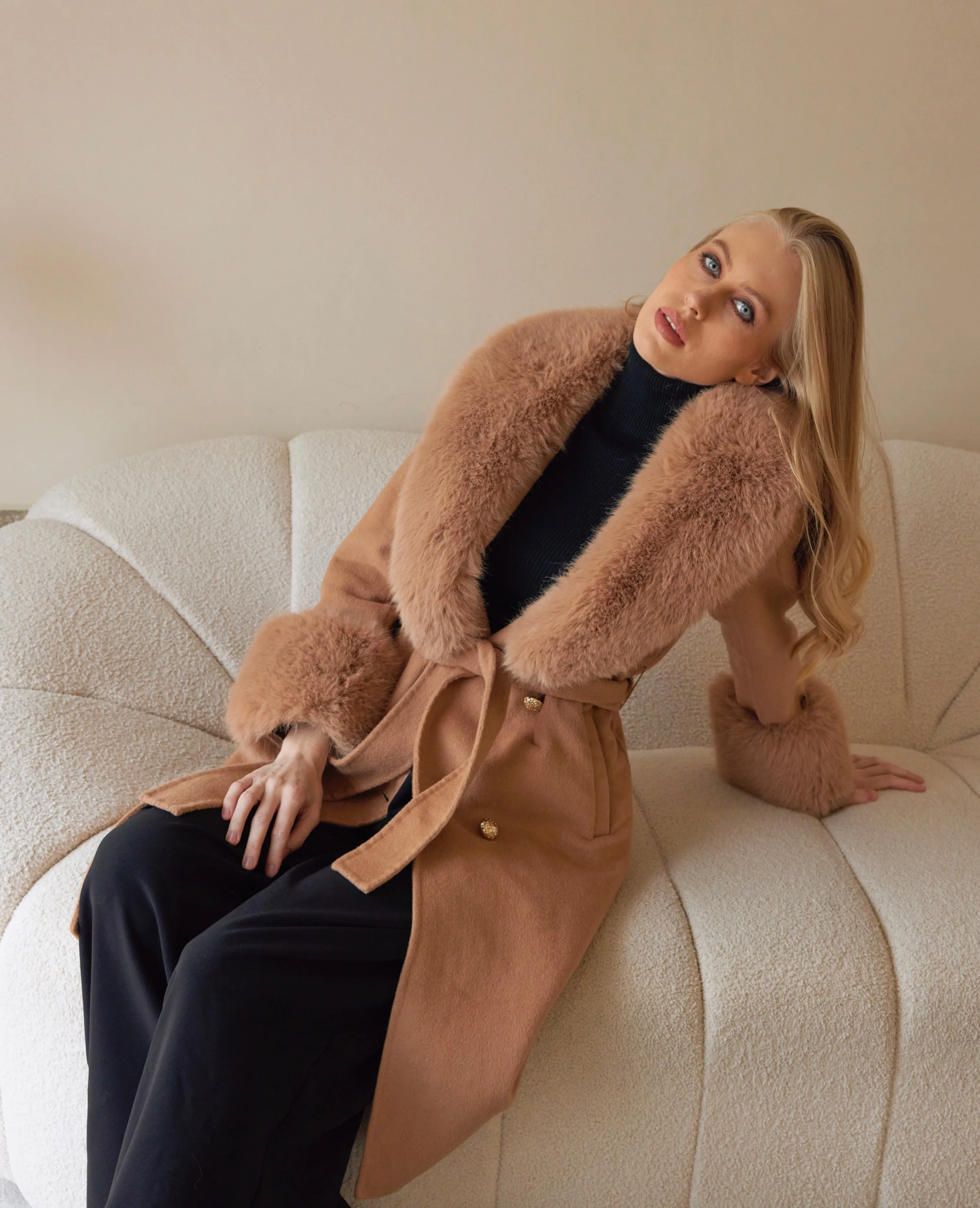 Camel Cashmere Faux Fur Coat