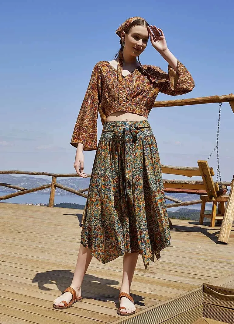 Casual Midi Petrol Patterned Flared Skirt with Tie Waist