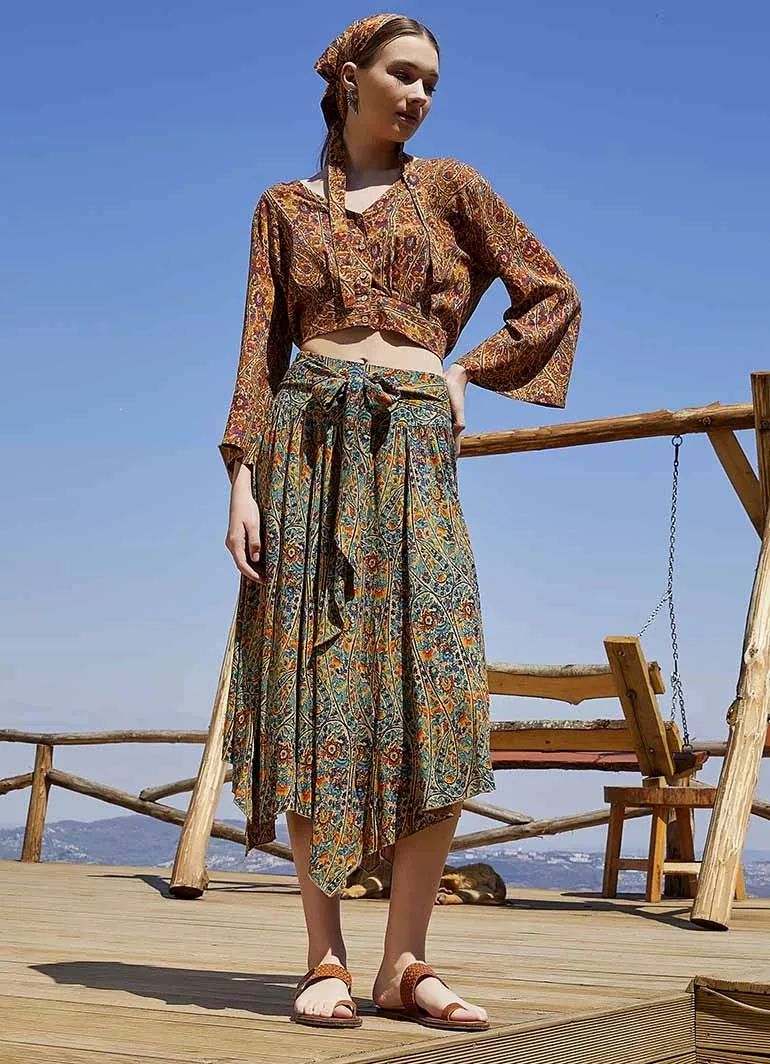 Casual Midi Petrol Patterned Flared Skirt with Tie Waist