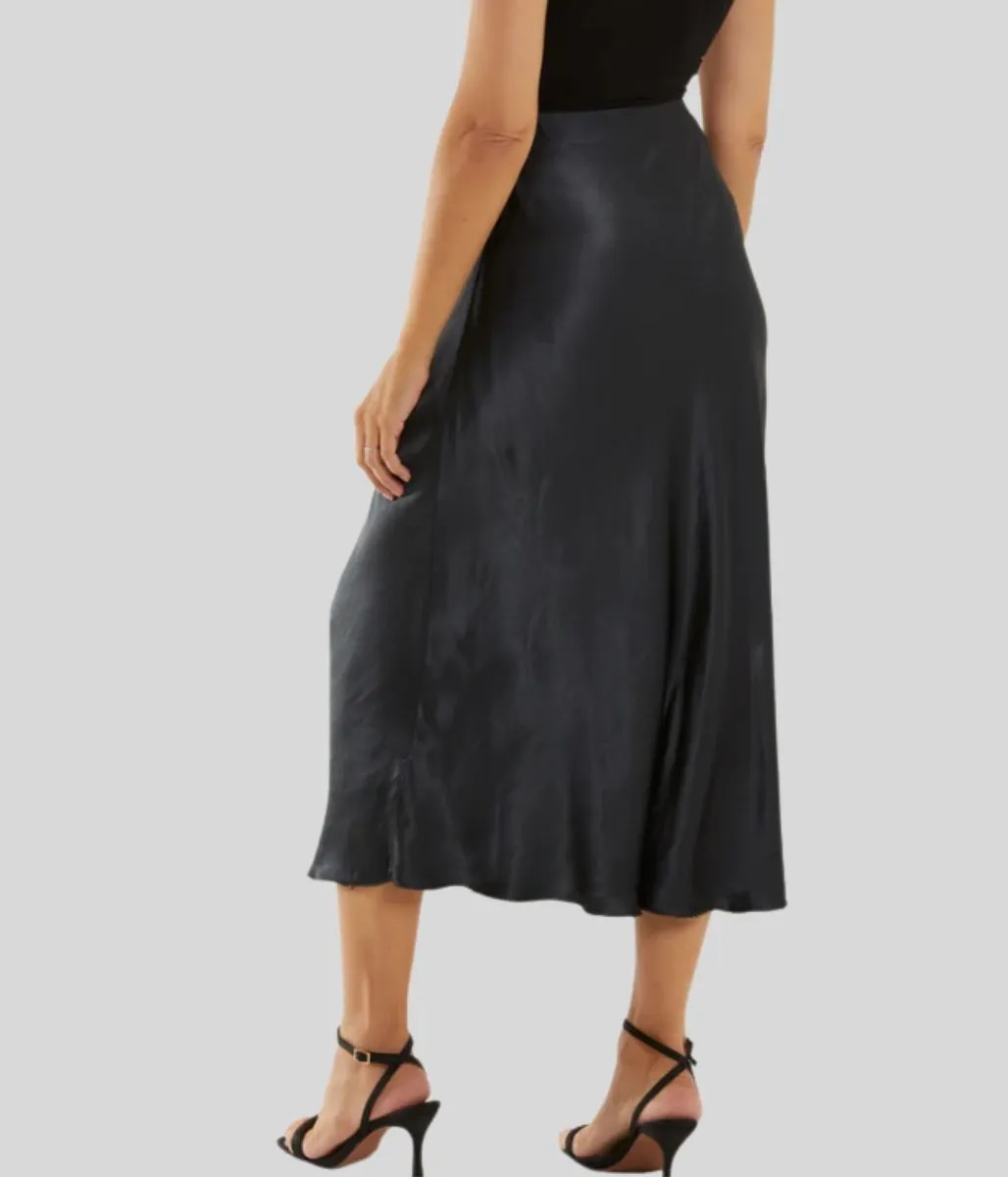 Charcoal Satin Slip Midi Skirt