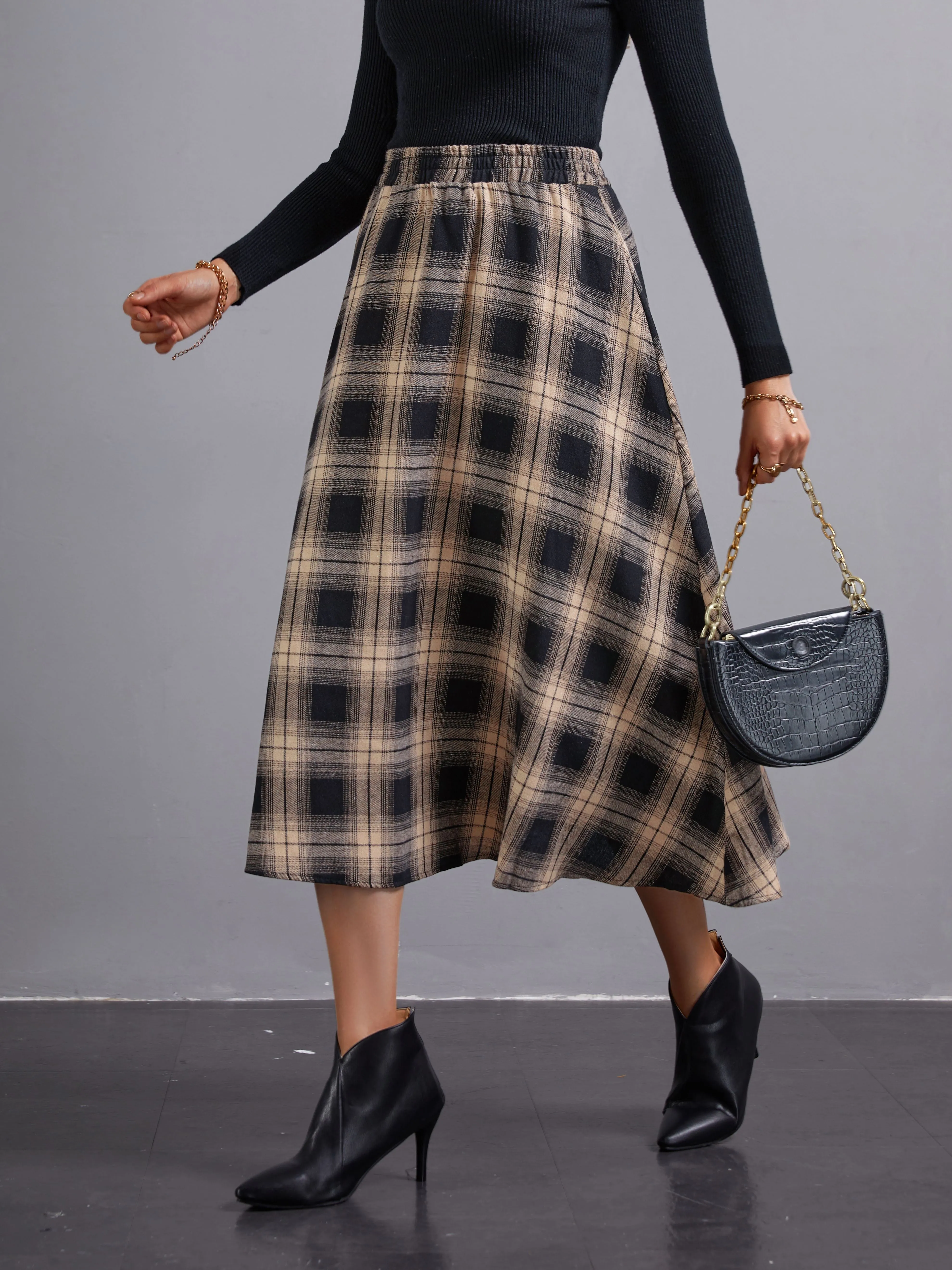 Chic High Waist Plaid Midi Skirt for Womens Fashion