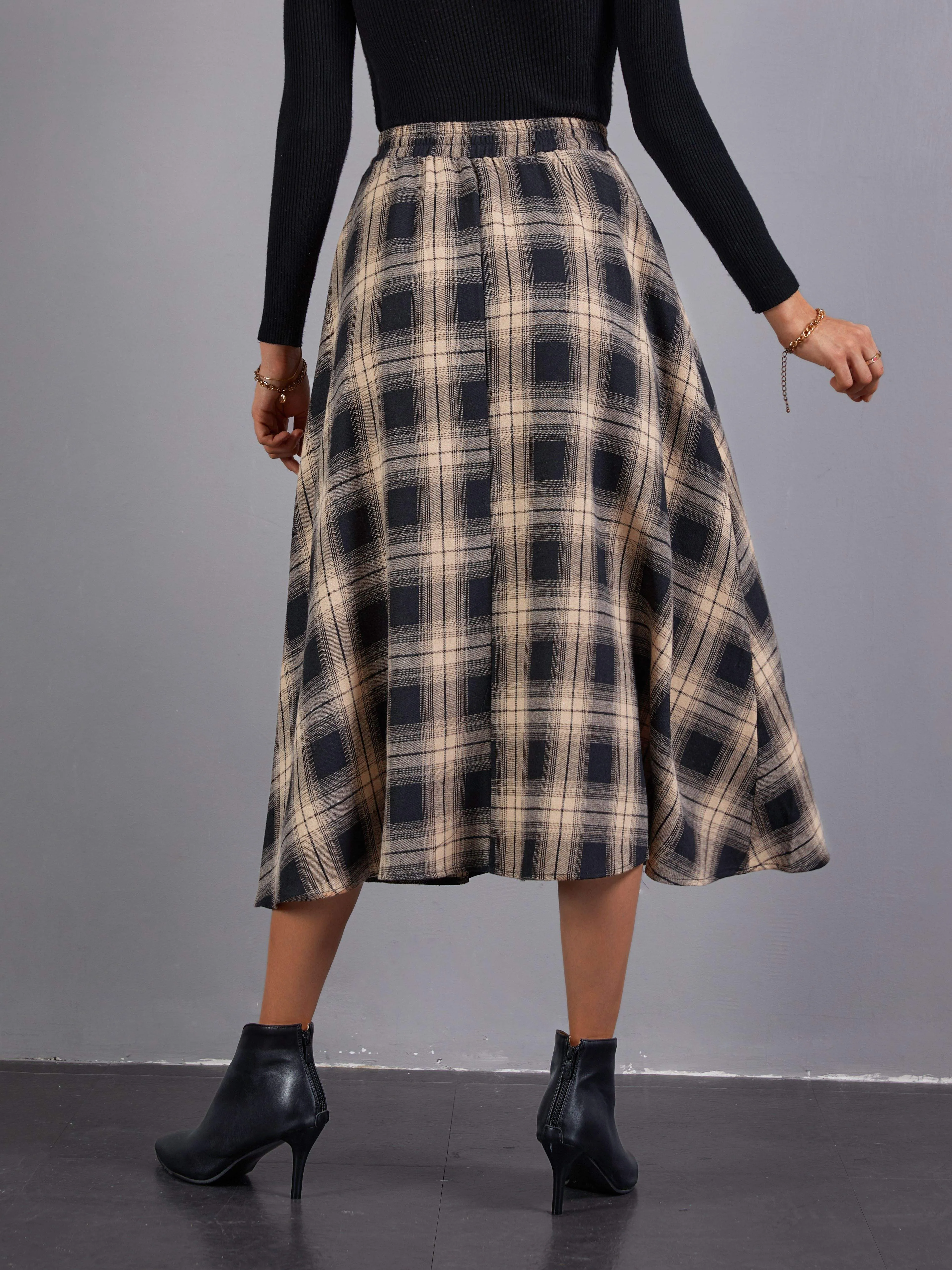 Chic High Waist Plaid Midi Skirt for Womens Fashion