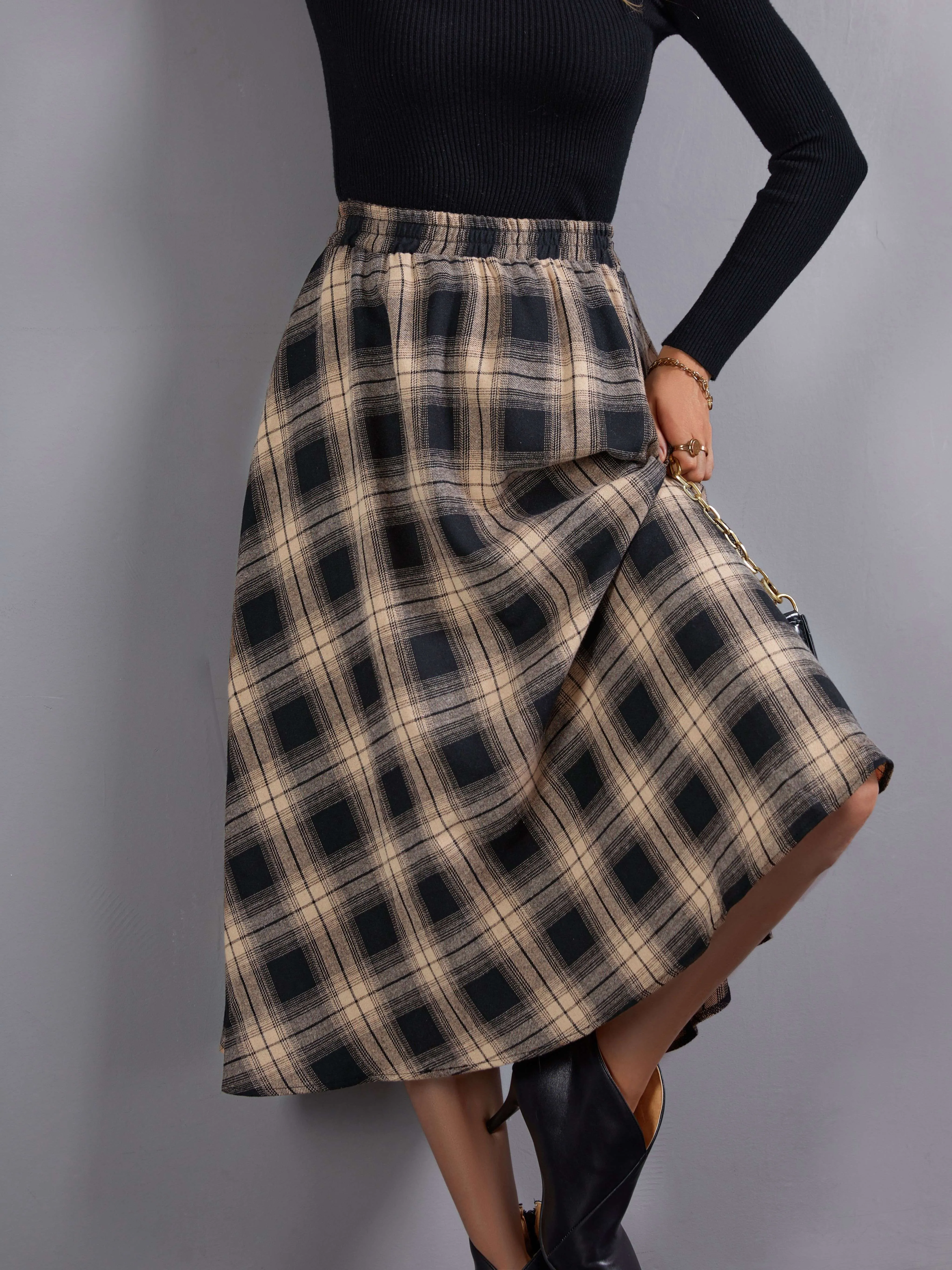 Chic High Waist Plaid Midi Skirt for Womens Fashion