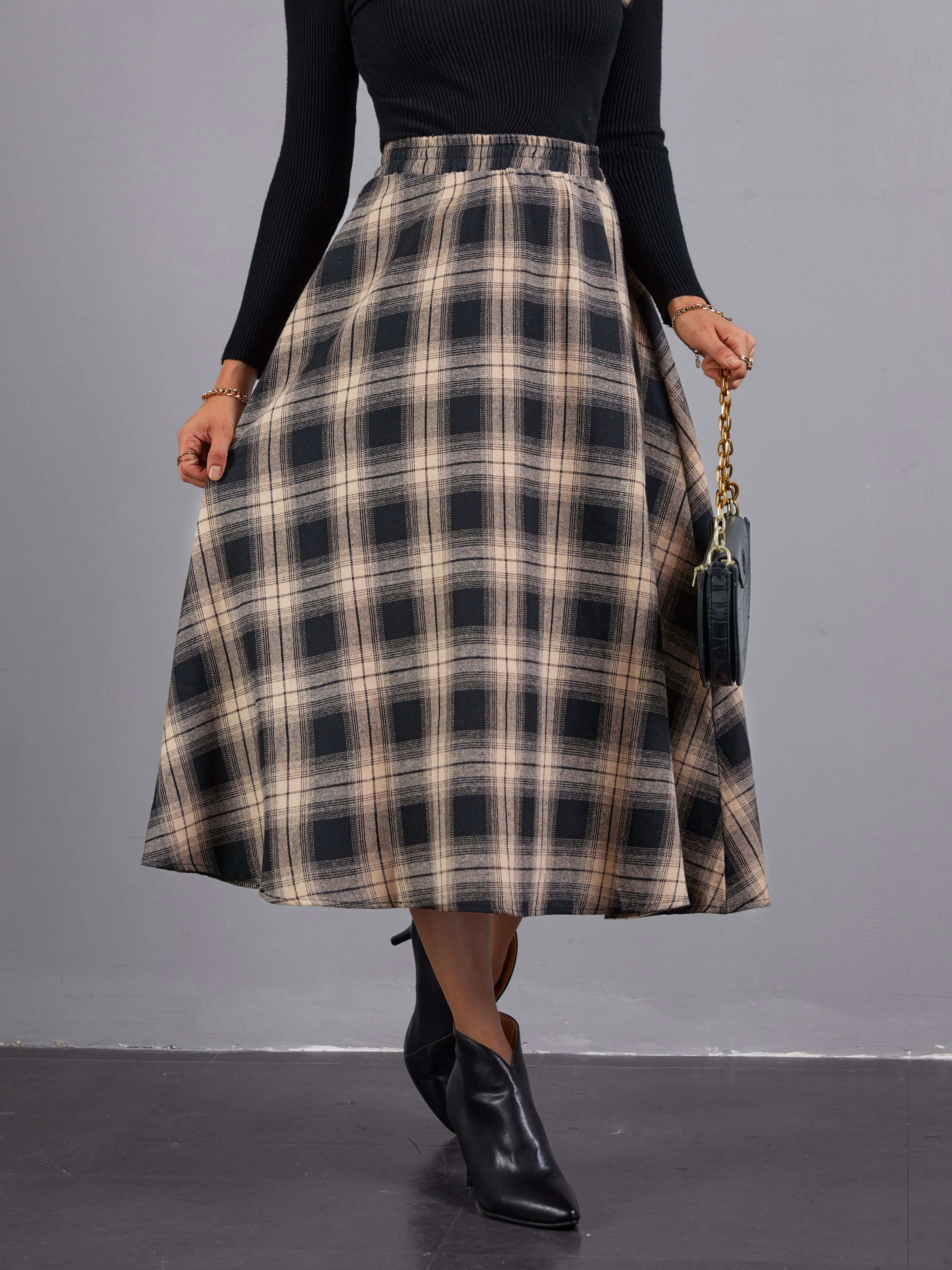 Chic High Waist Plaid Midi Skirt for Womens Fashion