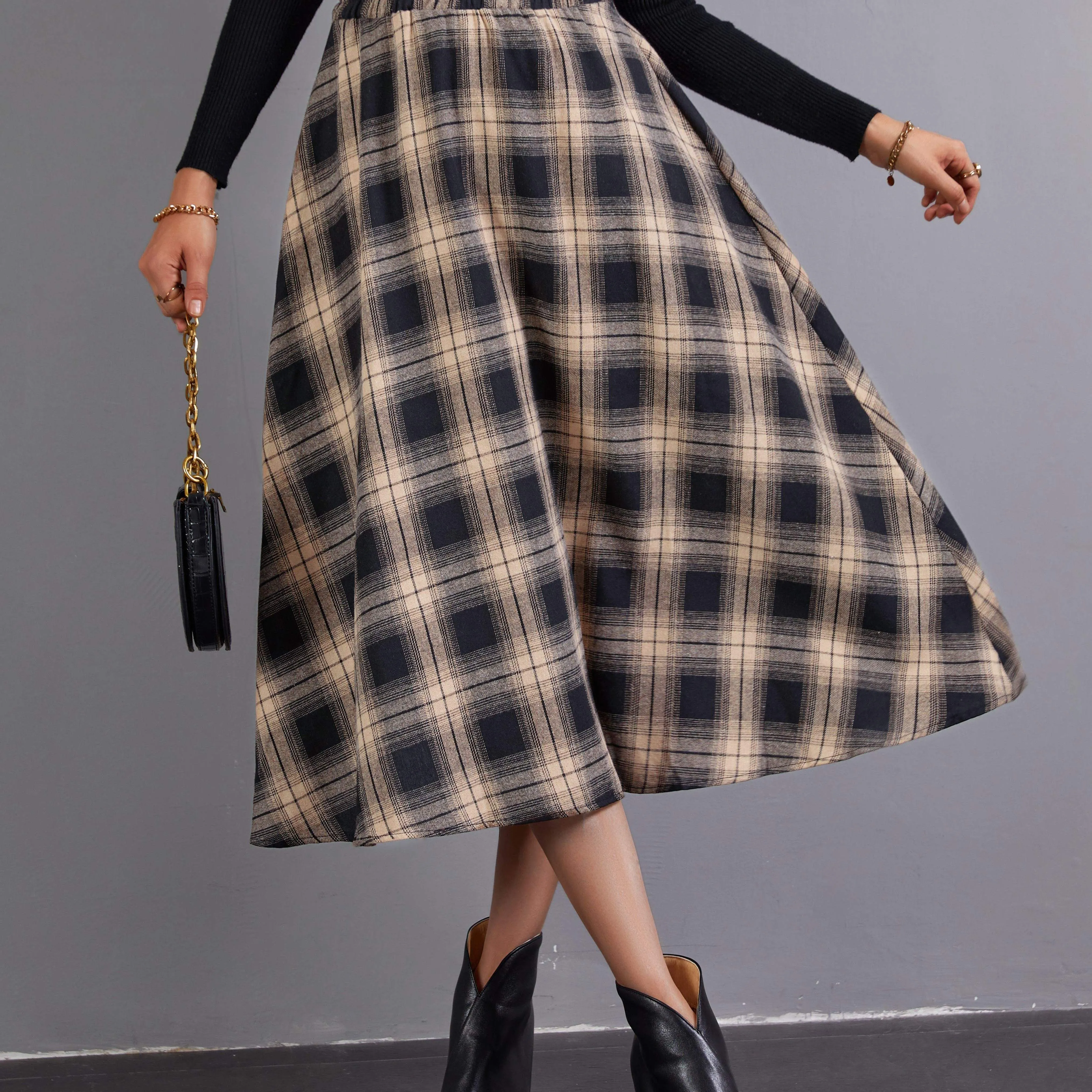 Chic High Waist Plaid Midi Skirt for Womens Fashion